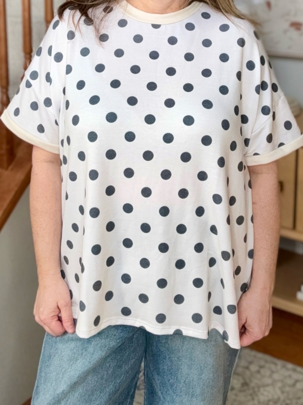 Haptics Brand New Polka Dot Short Sleeve Oversized Tee - Ivory with Black Dots